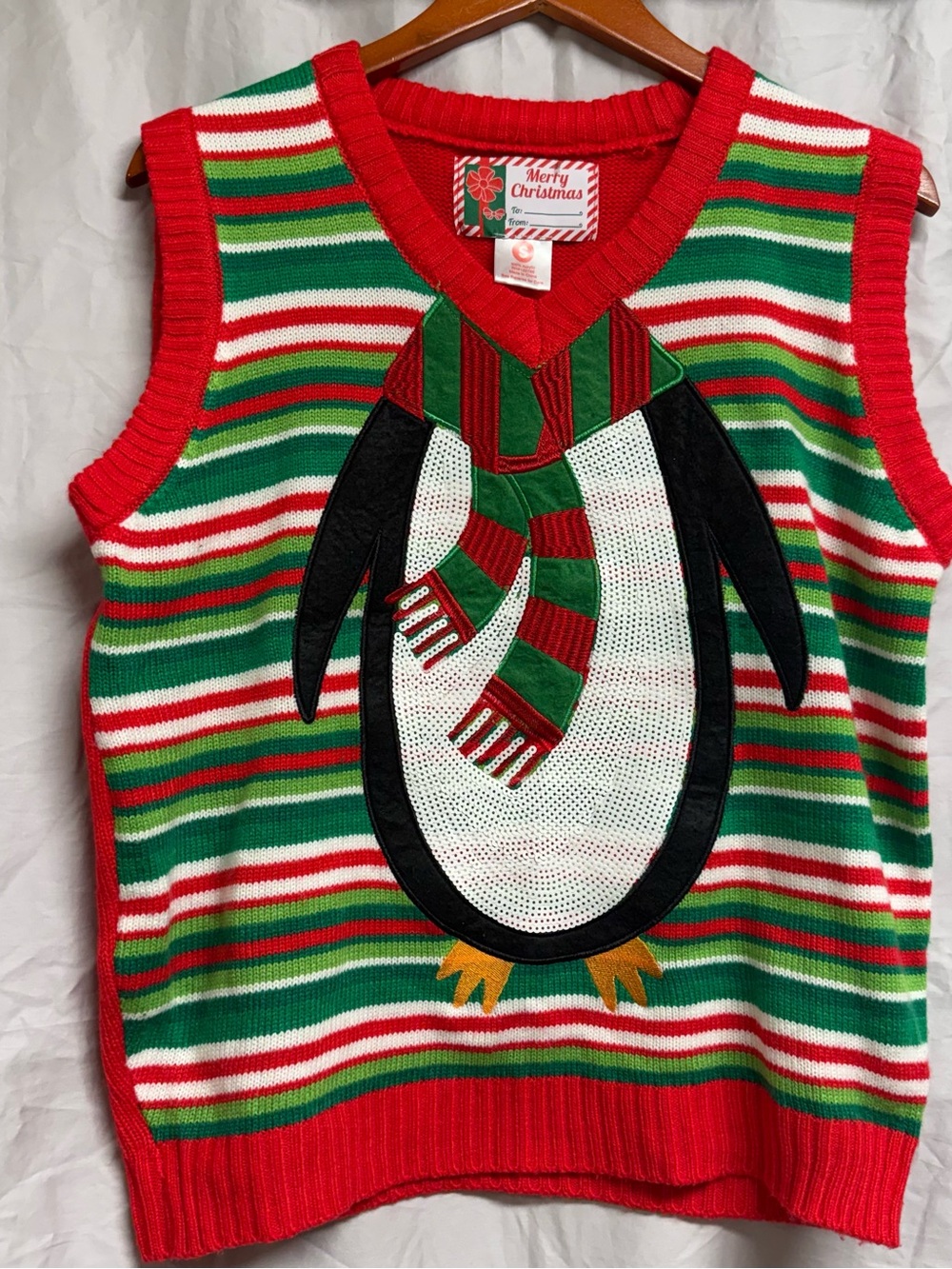 Merry Christmas sequined Penguin Striped Holiday Sweater Vest-Red Green White Sm